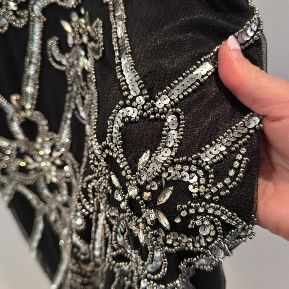 Jovani Black and Silver Embellished Sequin and Beaded Cocktail Dress 6